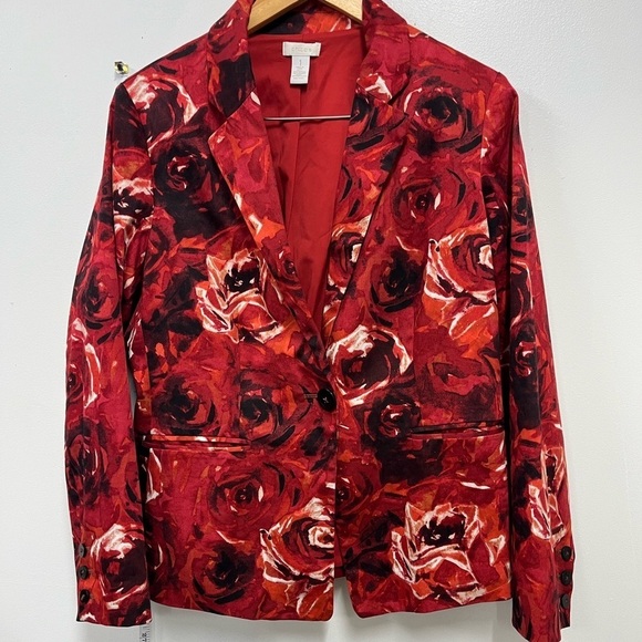 Red Floral Rose Blazer One Button Lined Jacket Medium Chico 1 US 8 whimisgoth - Picture 12 of 13